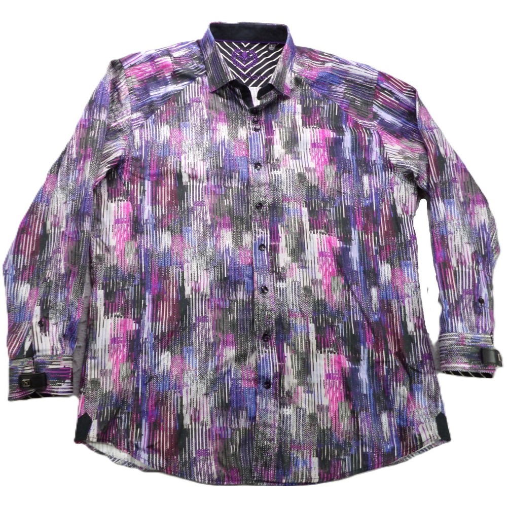 Au Noir Men Long Sleeve Button Down Abstract Print Cotton Shirt Small Purple Top